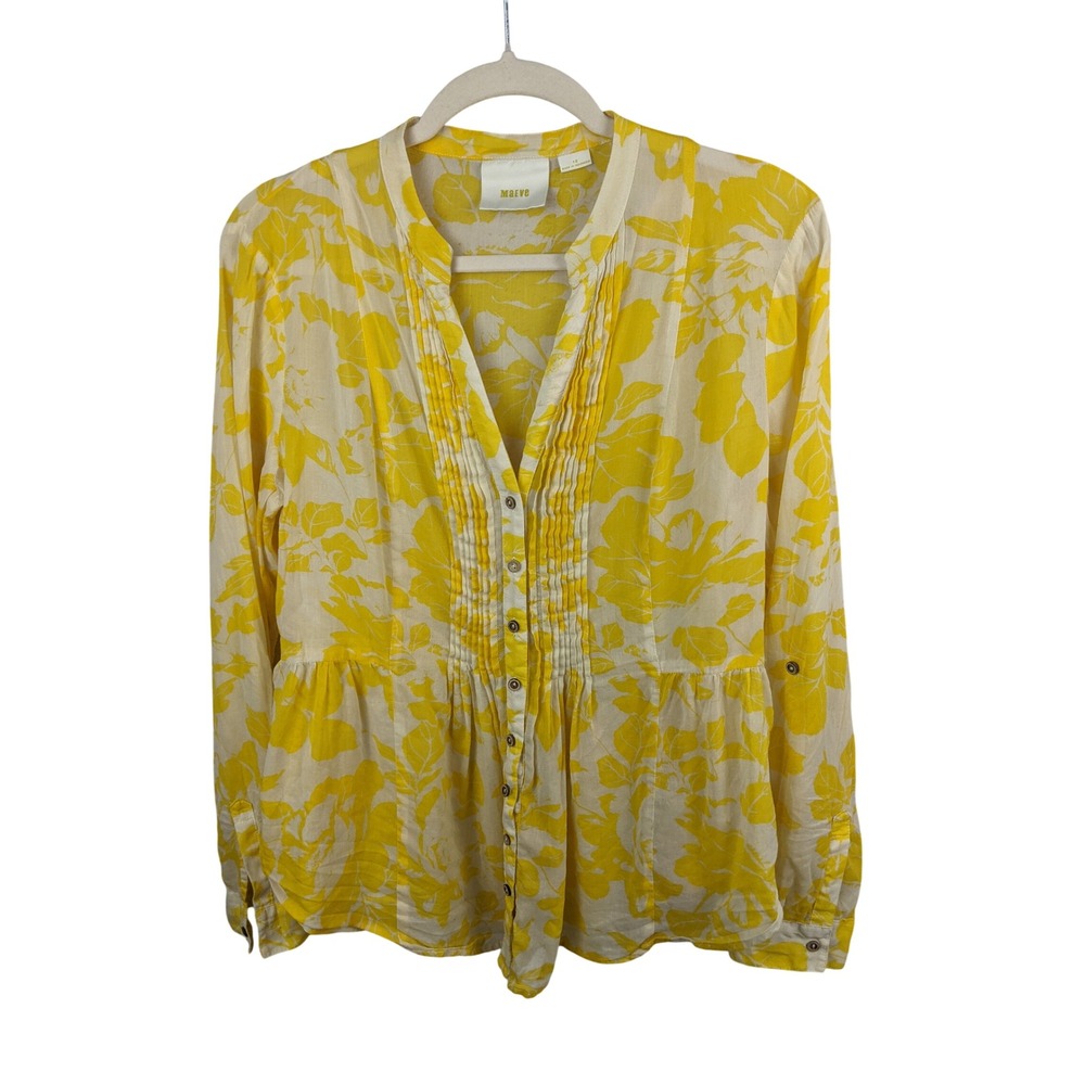 Maeve Anthropologie Yellow Floral Pintuck Peplum Cotton Button Down Blouse Sz 10